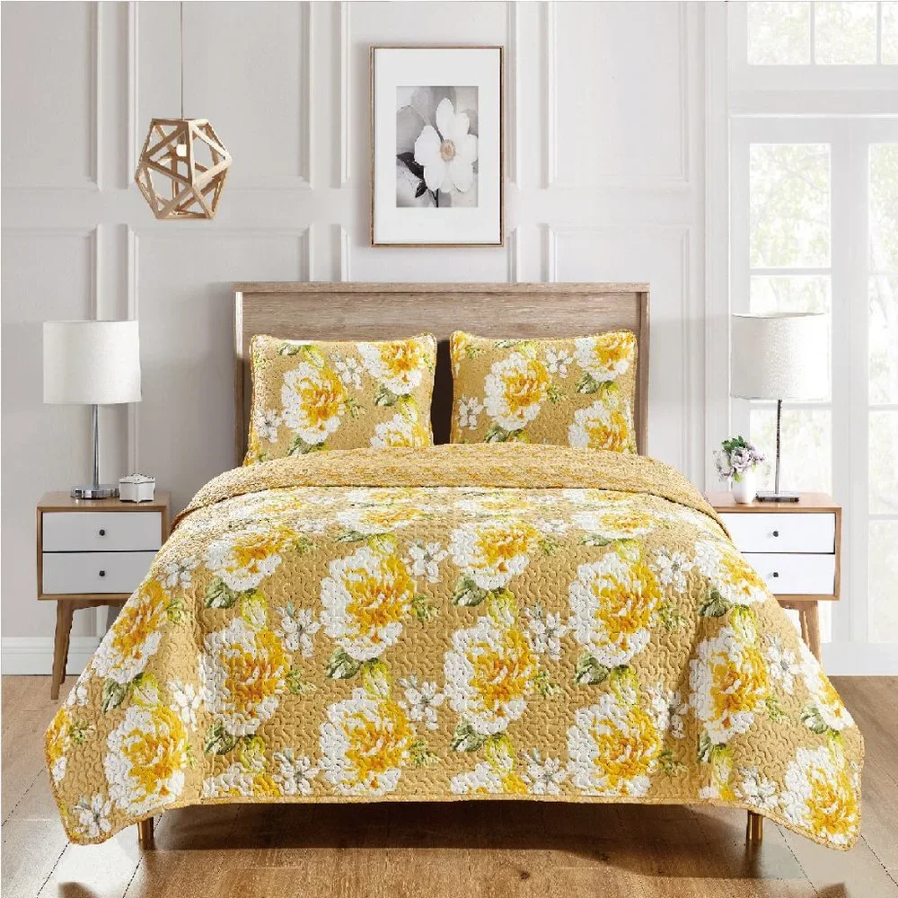 3 Piece Quilted Floral Bedspread Set Almond Color base with Beige/Orange flowers